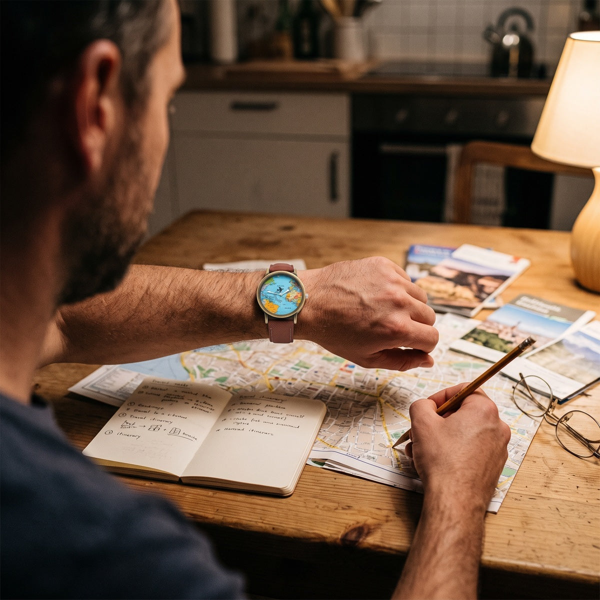 Brown Skybound watch worn while planning a trip