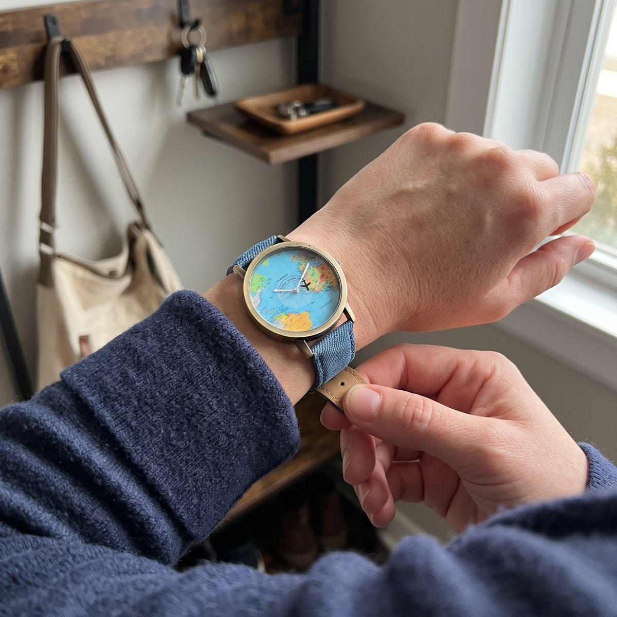 Blue Skybound watch being fastened before an ordinary day