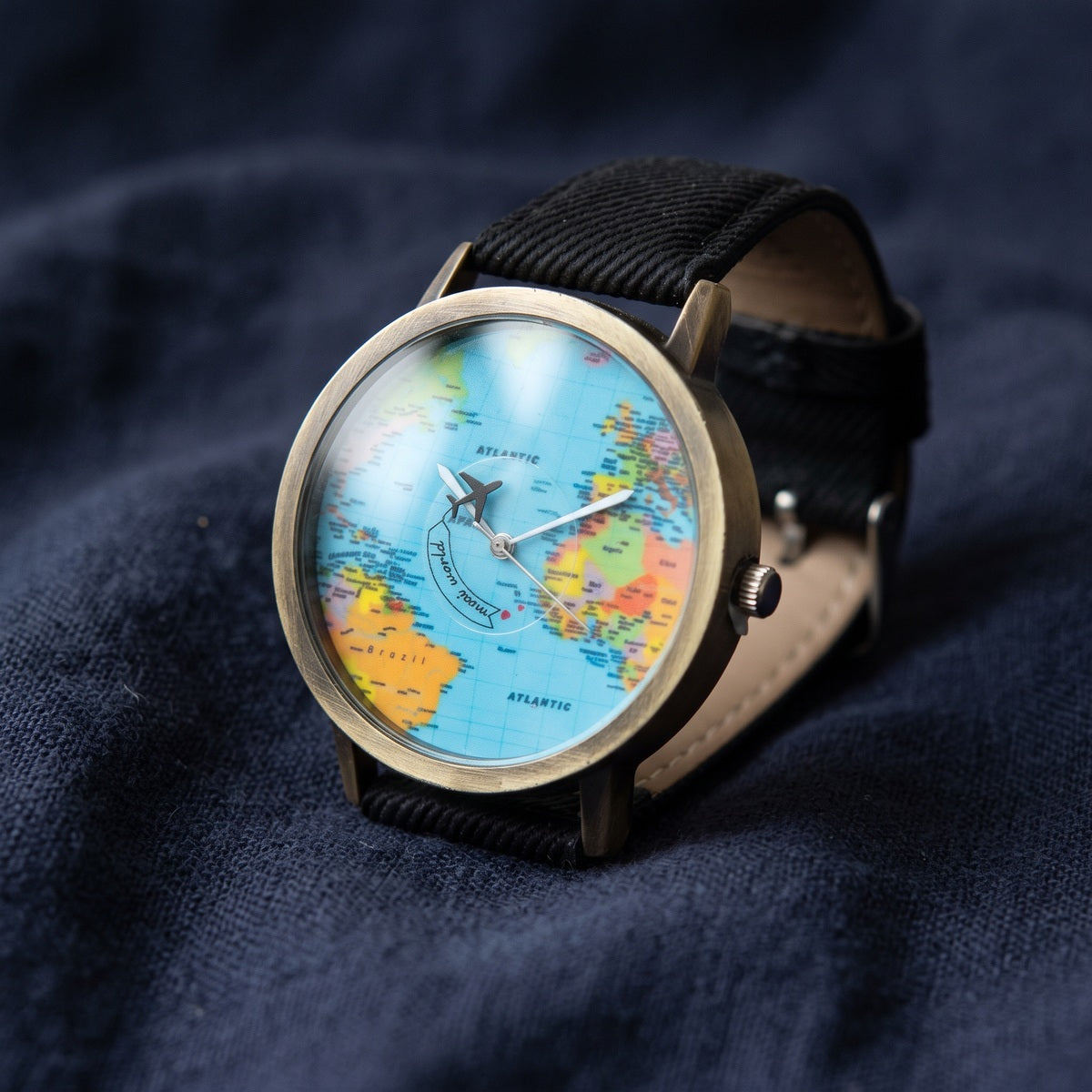 Black Skybound watch with map and plane detail