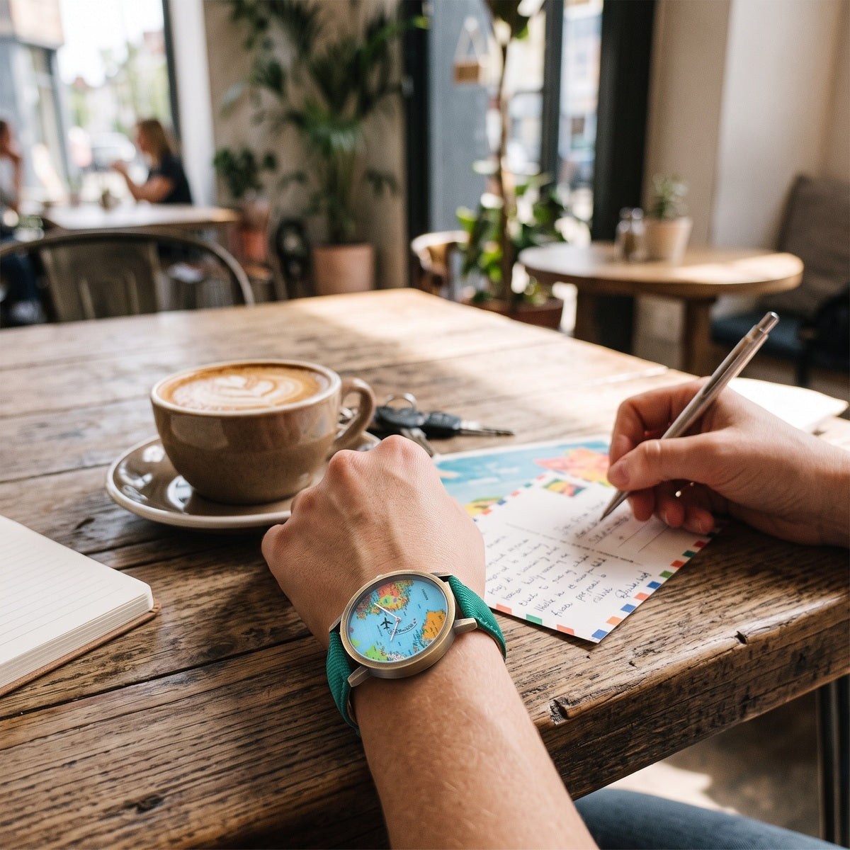 Green Skybound watch while writing a postcard