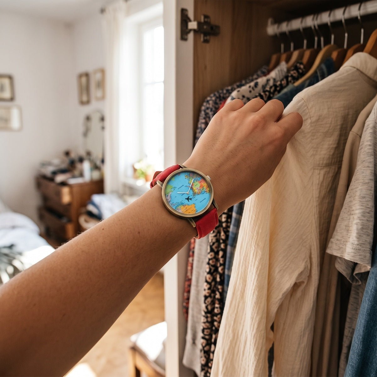 Red Skybound watch while getting ready for the day