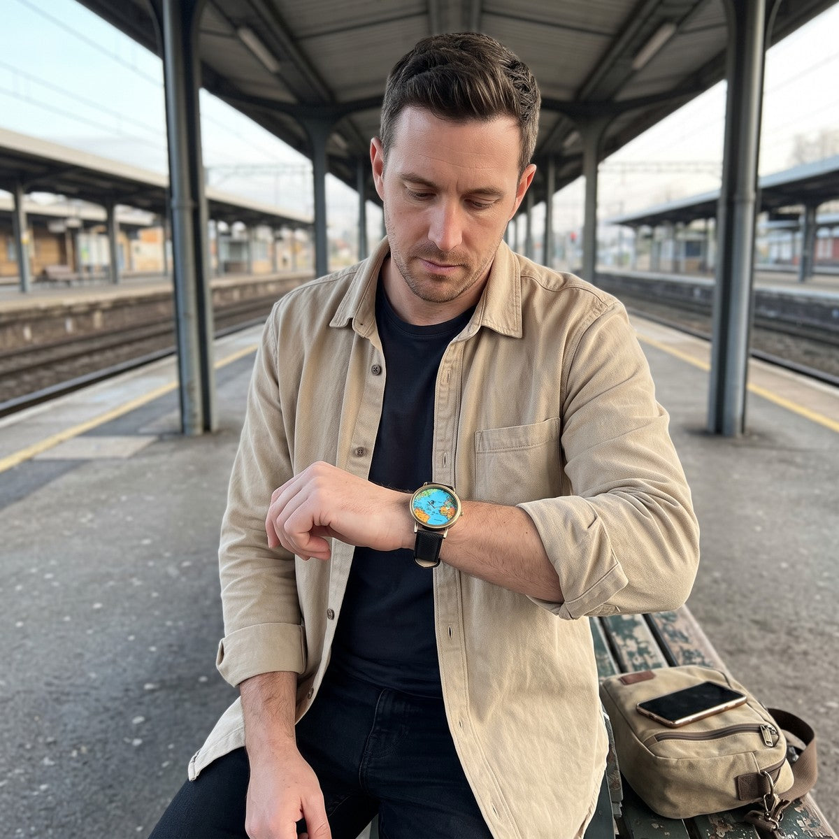 Man checking a Black Skybound watch on a covered railway platform