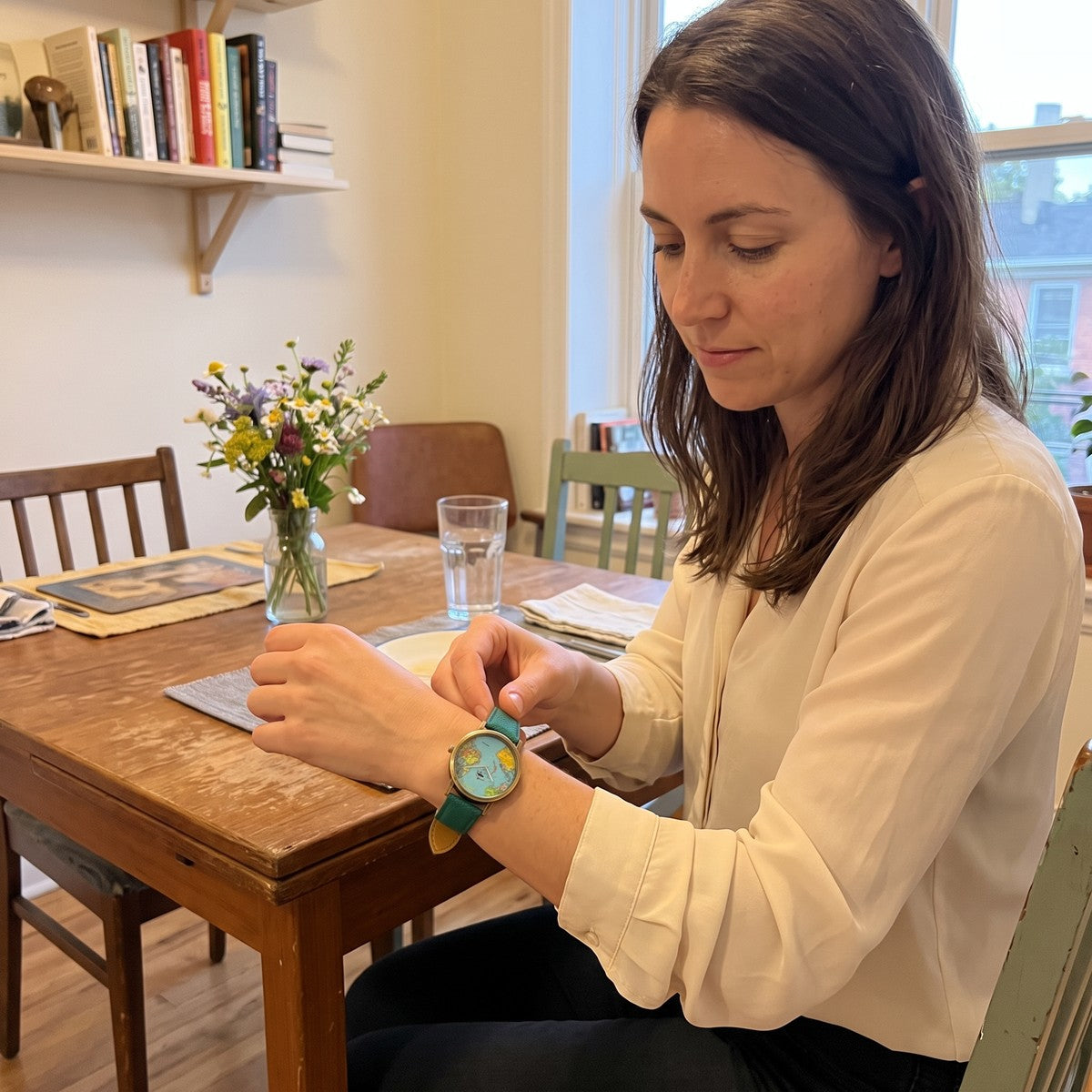 Woman fastening a Green Skybound watch before dinner