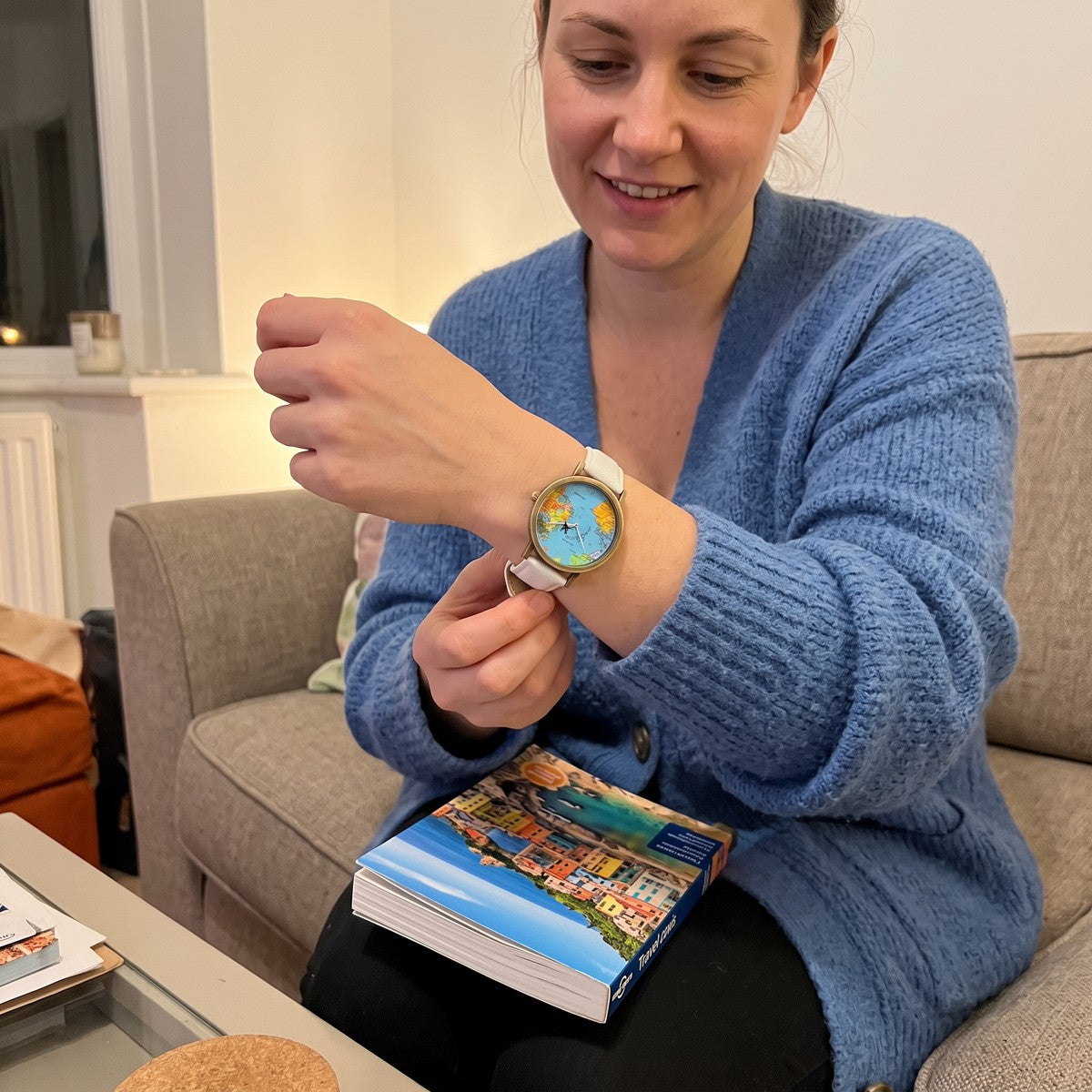 Gift recipient wearing a White Skybound watch at home